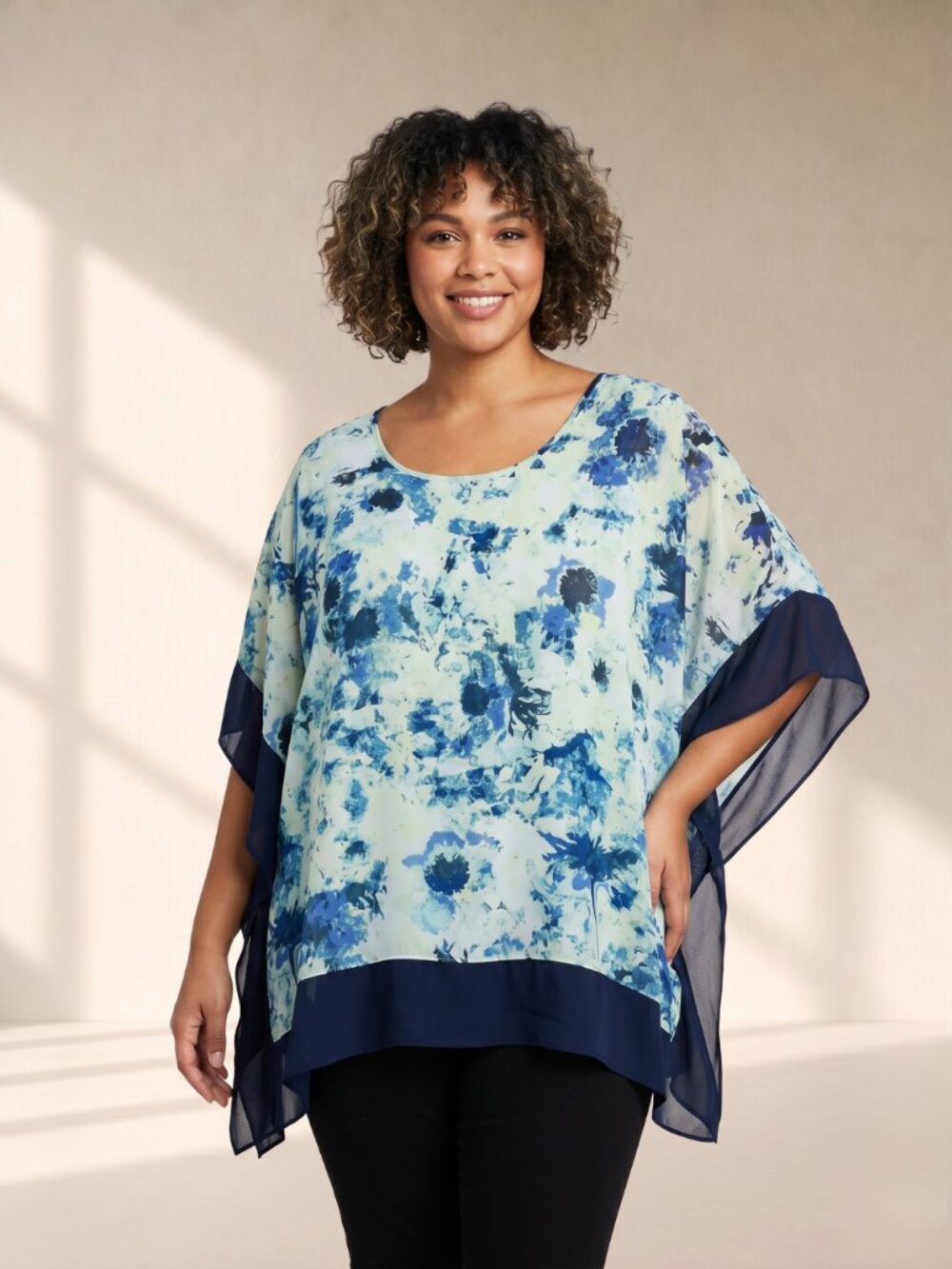 Ava + Viv 1X Plus Size Blue Floral Sheer Overlay Flowy Poncho Blouse